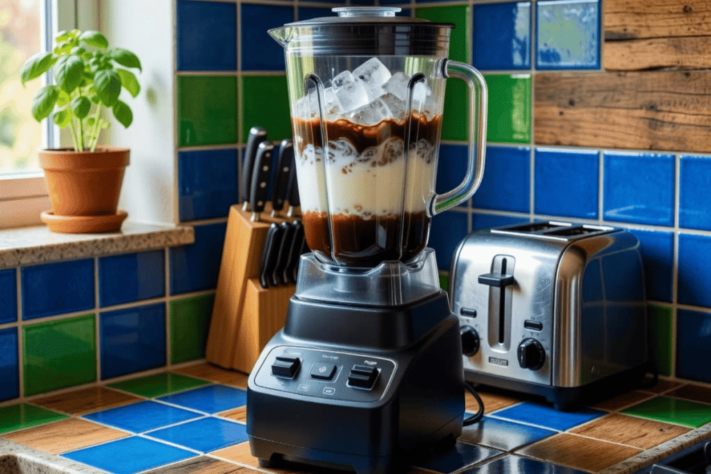Blender filled with ingredients before making a mocha frappuccino.
