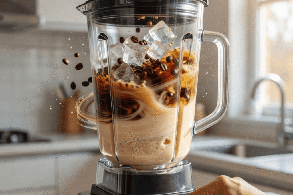 Blending a homemade mocha frappuccino until smooth.