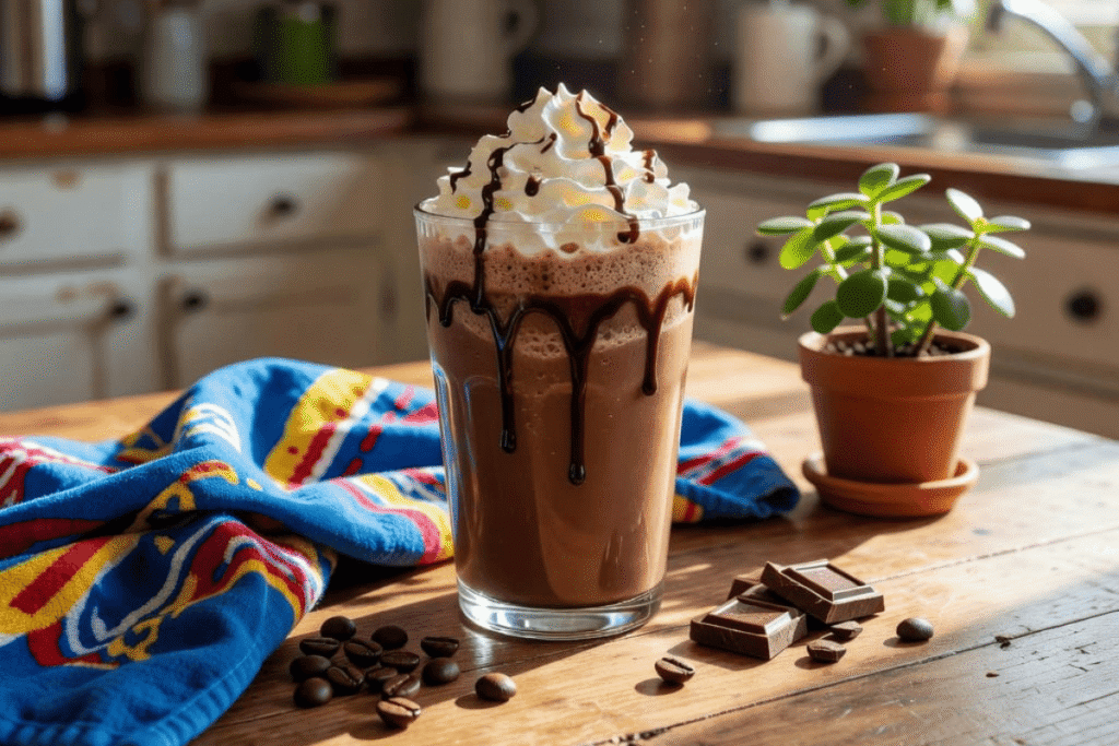 Homemade copycat mocha frappuccino topped with whipped cream and chocolate drizzle.