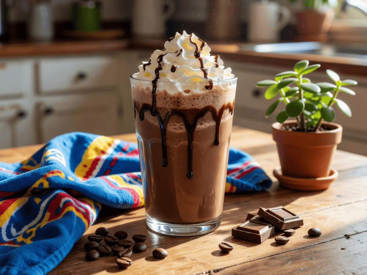 Copycat mocha frappuccino topped with whipped cream and chocolate drizzle in a glass on a kitchen table.