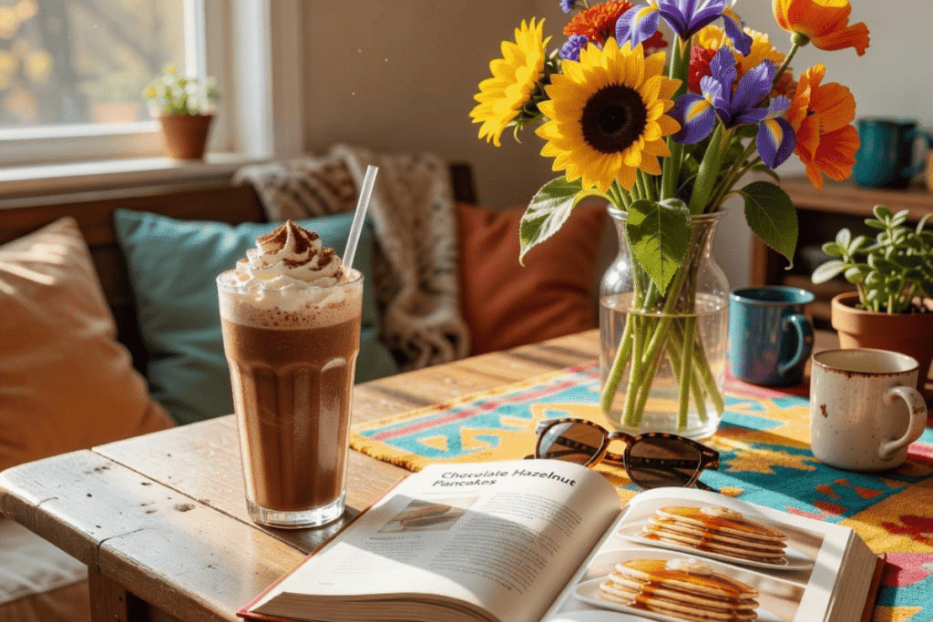 Homemade copycat mocha frappuccino enjoyed during a relaxing morning at home.
