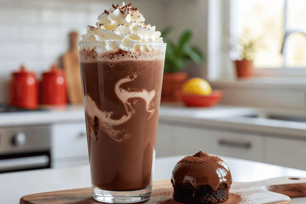 Finished homemade copycat mocha frappuccino ready to enjoy.