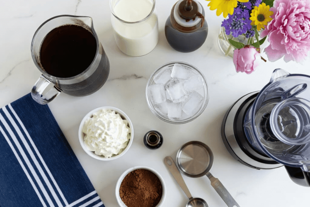 Ingredients needed to make a homemade copycat mocha frappuccino.
