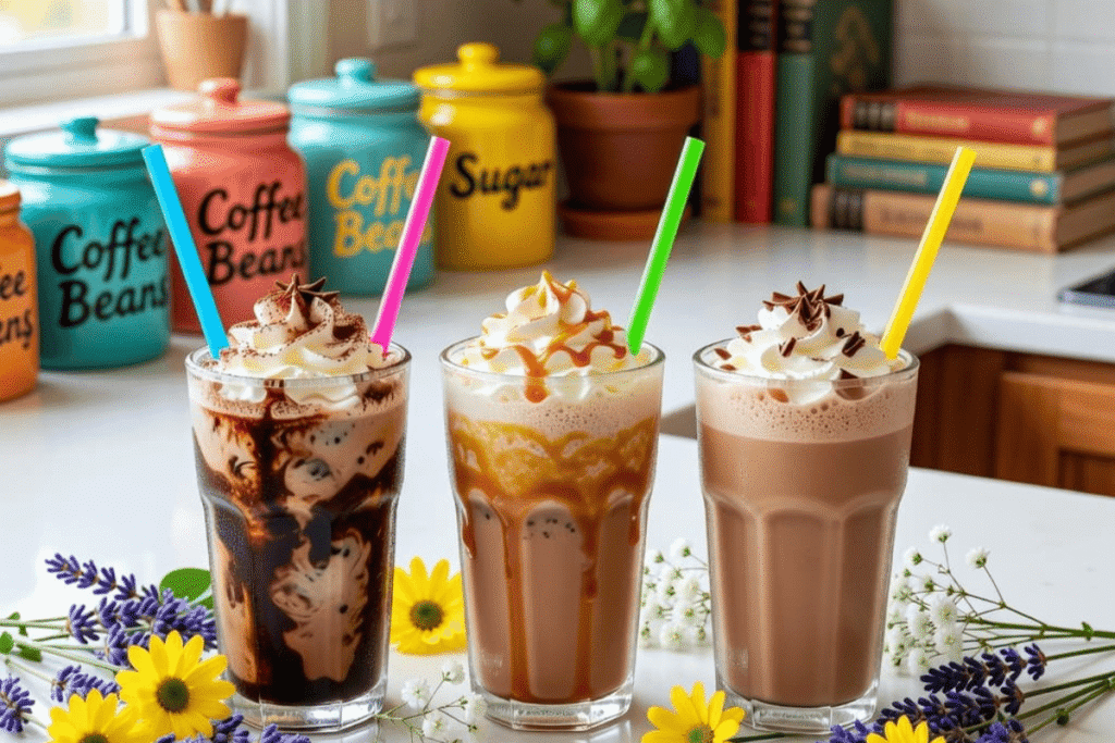 Three different homemade mocha frappuccino variations.