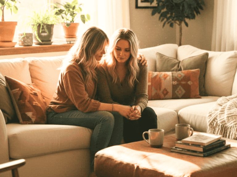 woman comforting a friend on a couch showing how to help a friend with mental health struggles in a supportive home setting