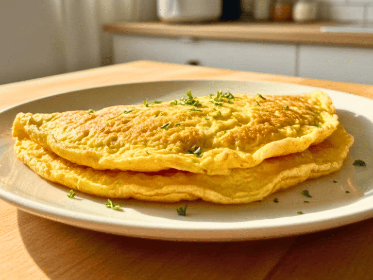 Easy air fryer omelet recipe served on a plate with golden fluffy eggs