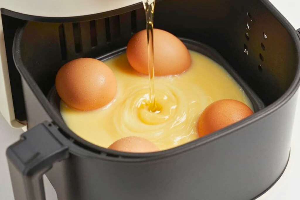 Egg mixture poured into air fryer tray before cooking omelet