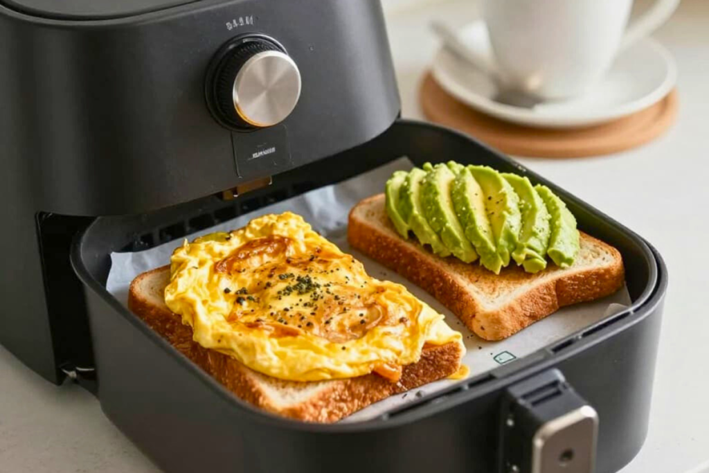 Air fryer omelet served with avocado toast and coffee