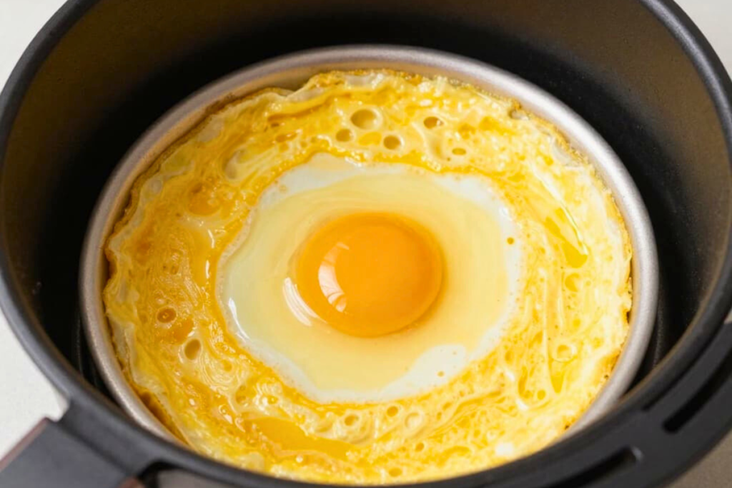 Air fryer omelet cooking in air fryer basket