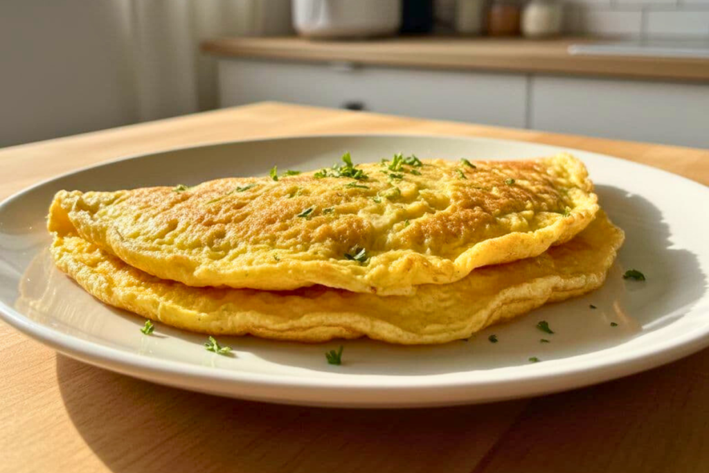 Air fryer omelet served on a white plate for an easy breakfast