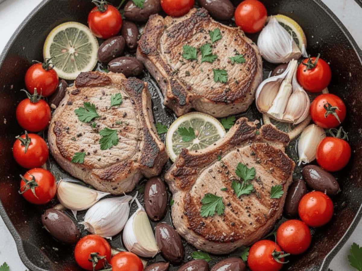 Mediterranean pork chops seared in a skillet with cherry tomatoes, Kalamata olives, garlic, lemon slices, and fresh parsley.