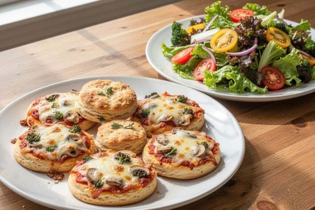 Biscuit pizza served with a fresh garden salad