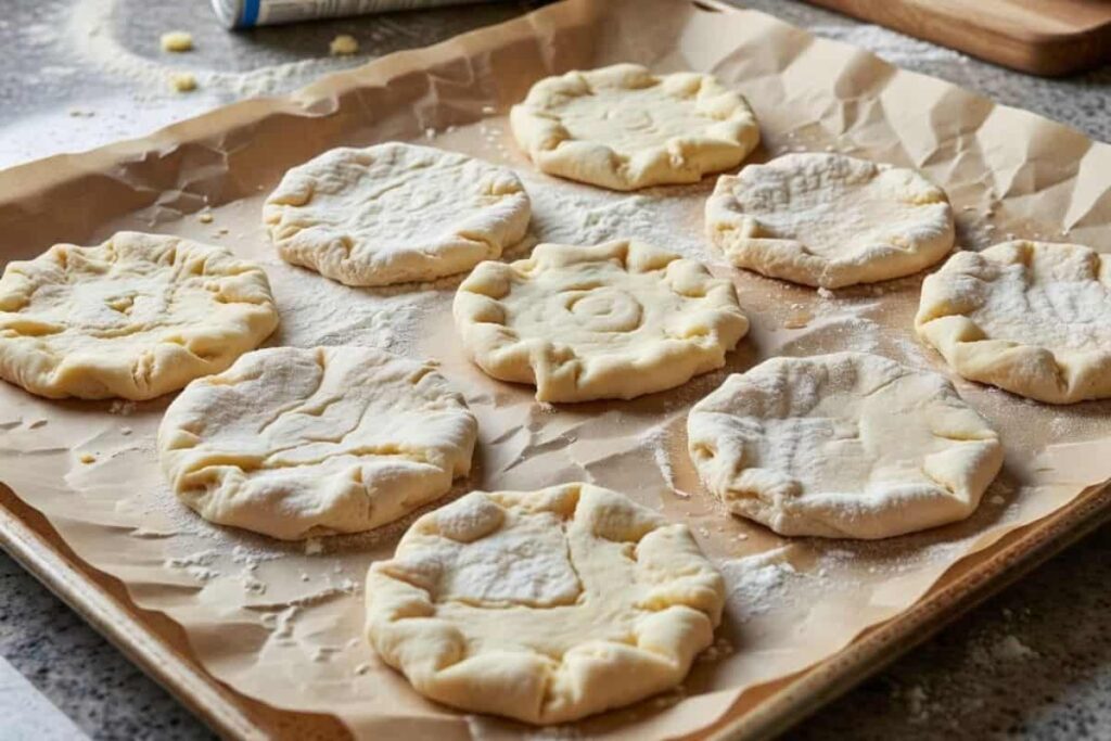 Flattened canned biscuit dough prepared for mini pizzas