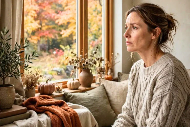 Woman sitting thoughtfully by a window overlooking autumn trees, reflecting the emotional challenges of autumn anxiety.