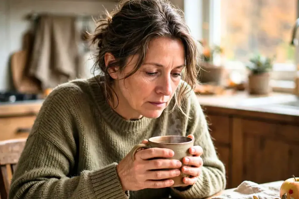 Tired woman sitting at her kitchen table with a mug during a quiet fall morning.