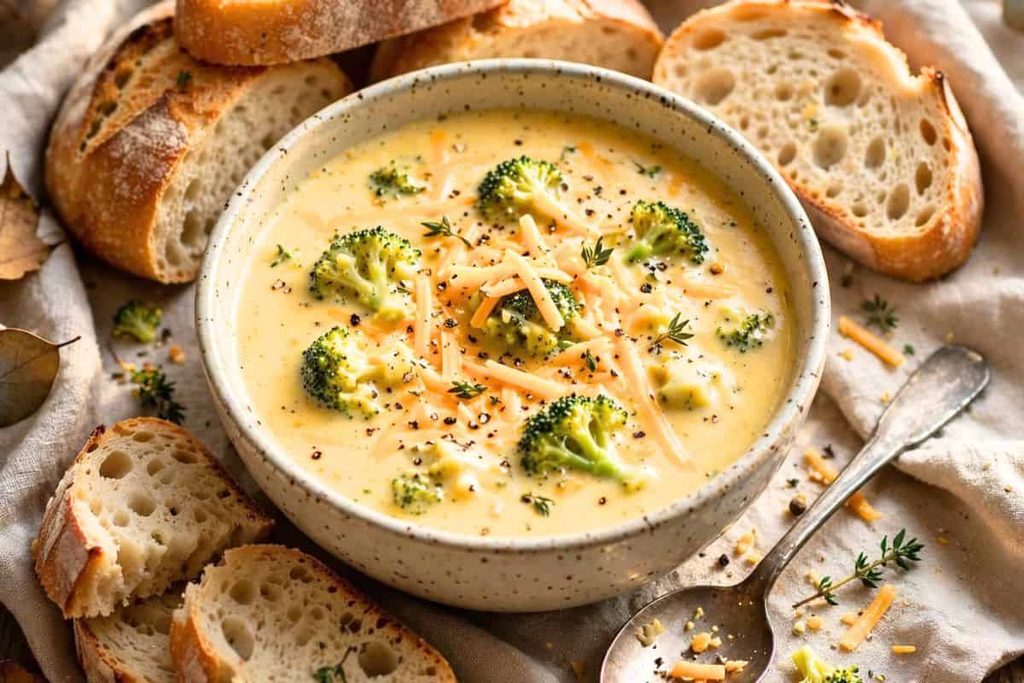 Broccoli cheddar soup served with crusty bread