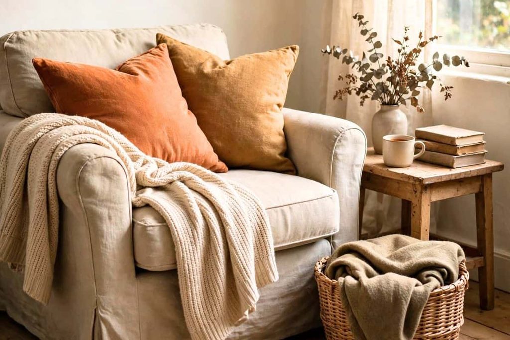 Cozy budget-friendly fall decor with blankets and baskets