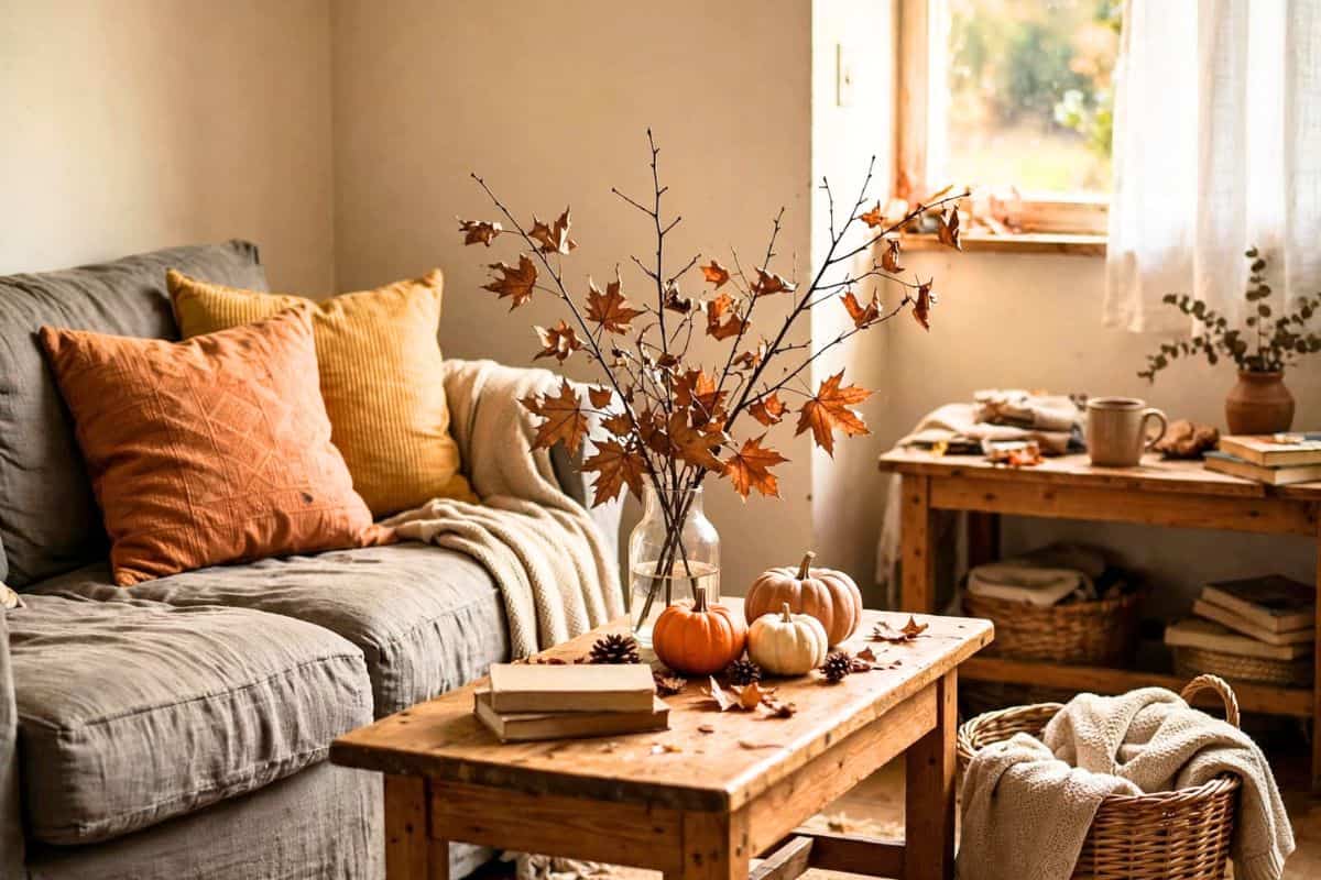 Decorating for fall on a budget with pumpkins, cozy blankets, and simple autumn decor