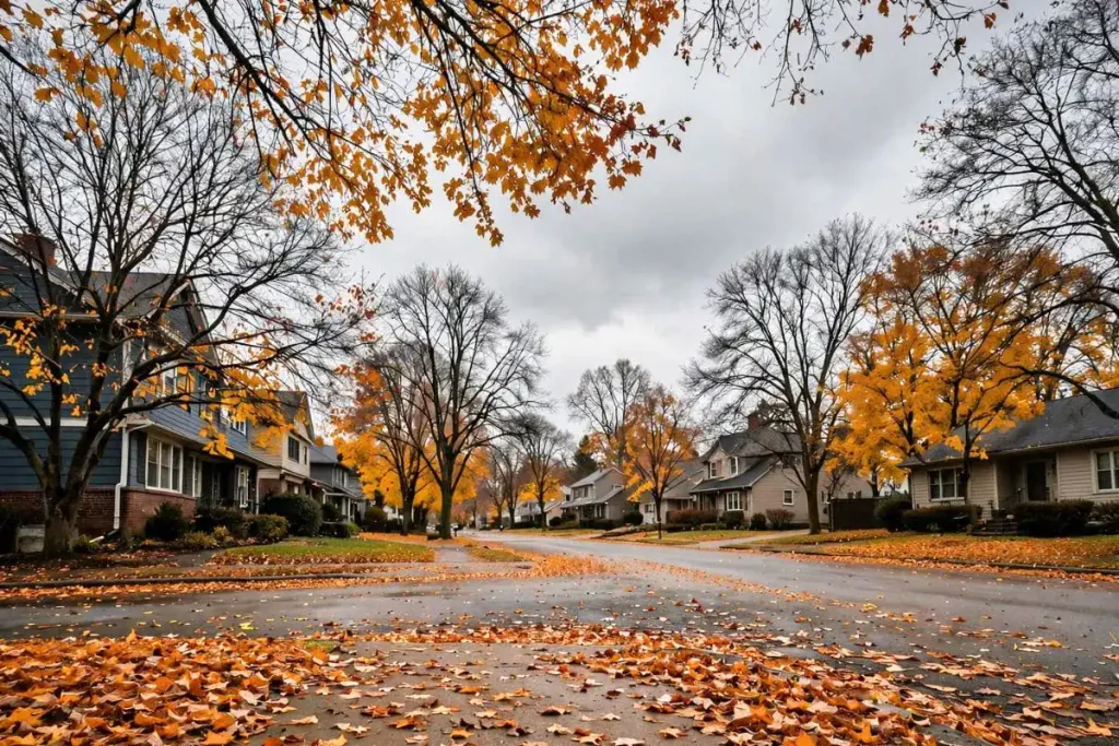 Quiet neighborhood sidewalk covered in autumn leaves beneath a cloudy sky.