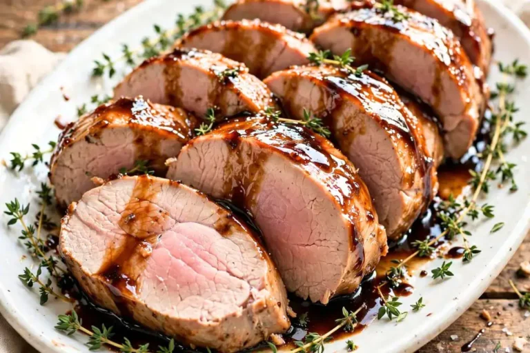 Sliced Instant Pot balsamic pork tenderloin topped with a glossy honey balsamic glaze.