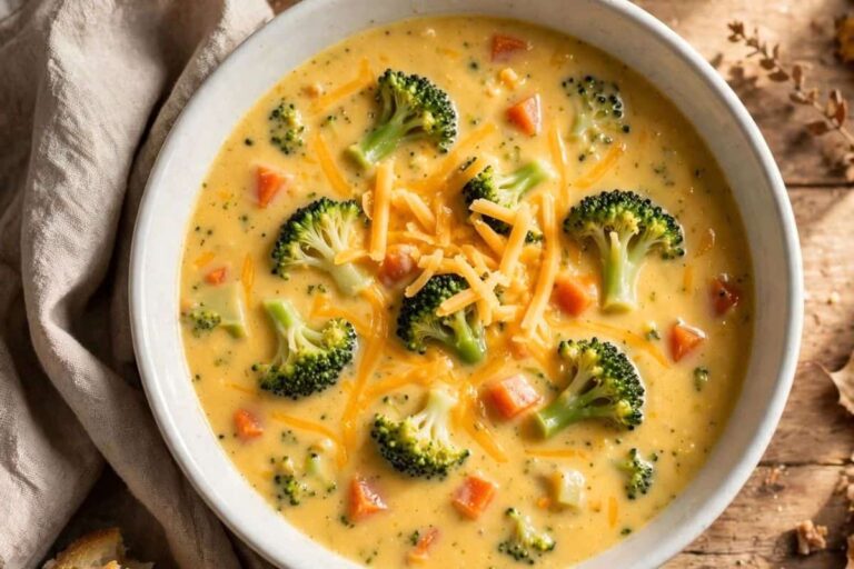 Instant Pot broccoli cheddar soup in a white bowl