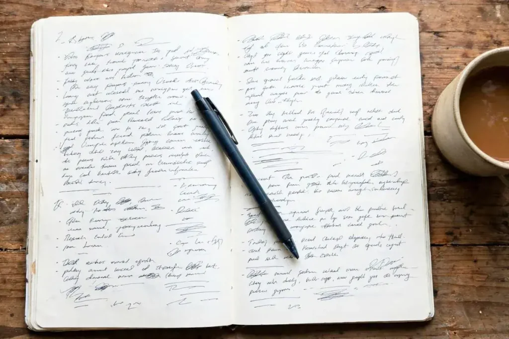 Open journal, pen, and warm drink on a desk beside a window during autumn.