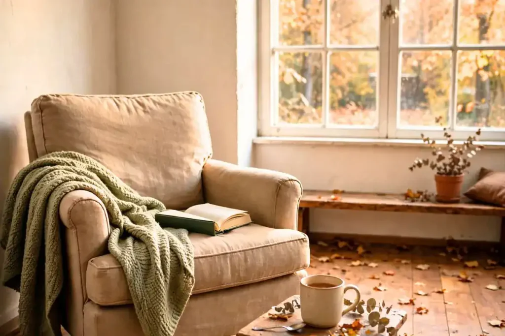 Comfortable reading chair with a book and warm drink in a softly lit living room.