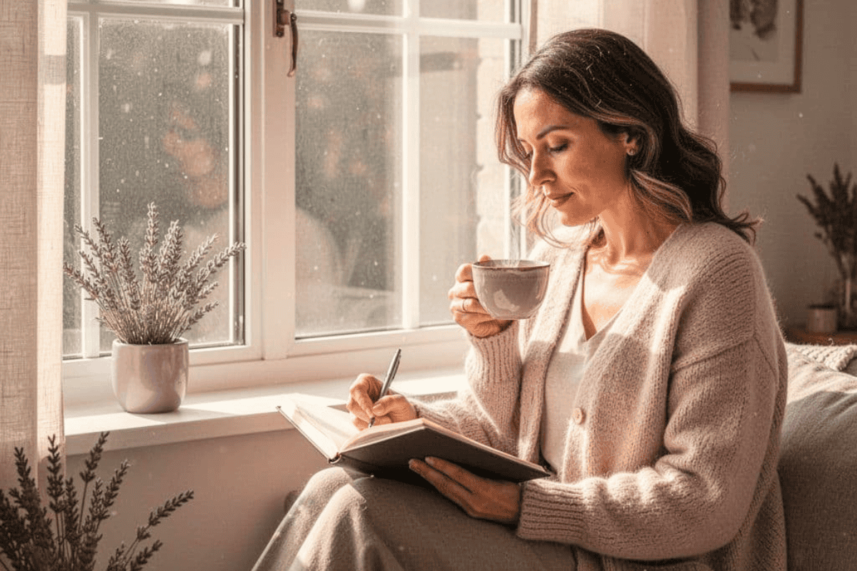 Woman practicing journaling for mental health during a peaceful morning self-care routine with tea and a cozy journal setup near a sunny window