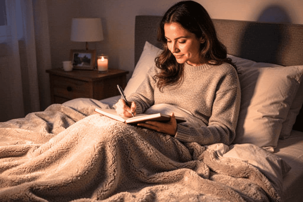 Woman using journaling prompts for mental health during a calming nighttime routine