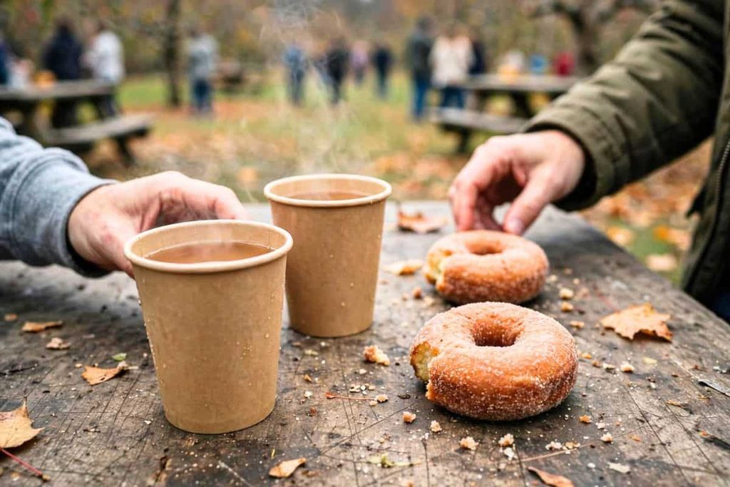 Hot apple cider and fresh donuts shared during a cozy fall date.