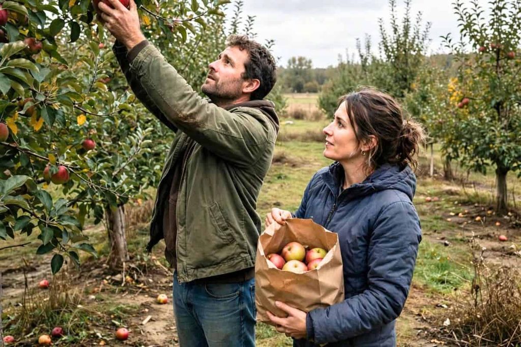 Couple picking red apples together during a fall orchard date.