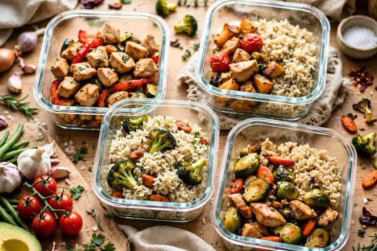Batch cooking with prepared chicken, vegetables, and rice in meal prep containers.