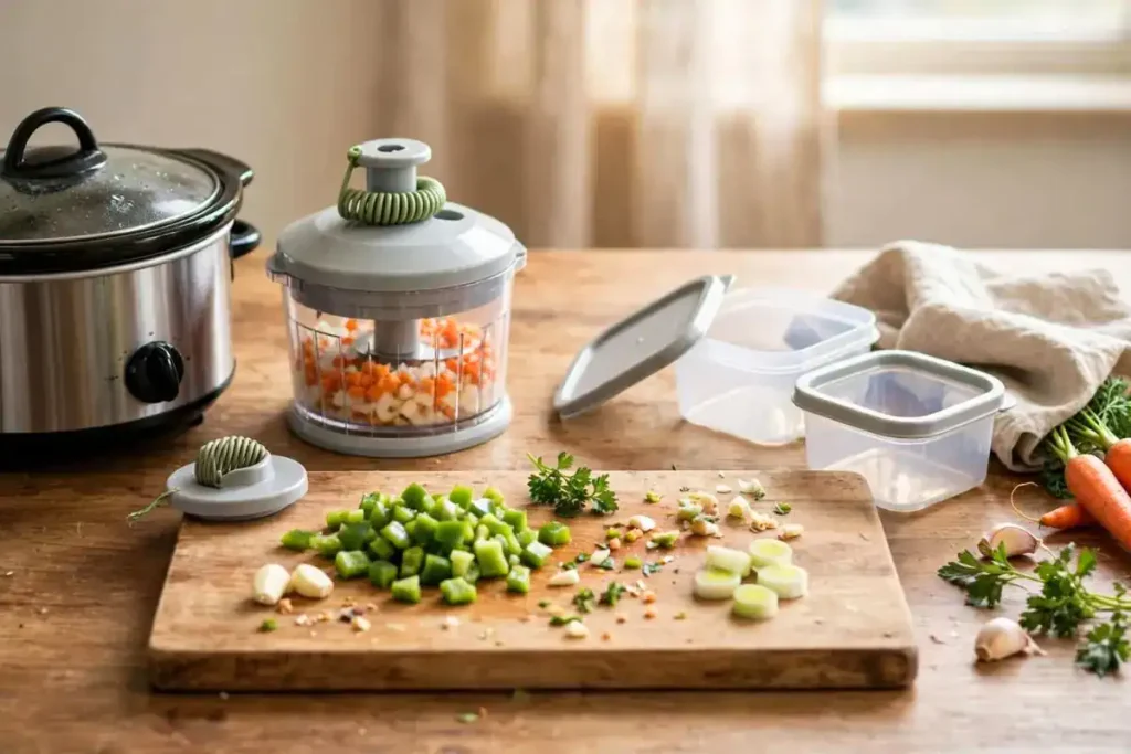 Slow cooker, food chopper, and storage containers arranged on a kitchen counter.