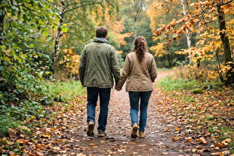 Couple holding hands on a colorful fall walk for a cozy autumn date.