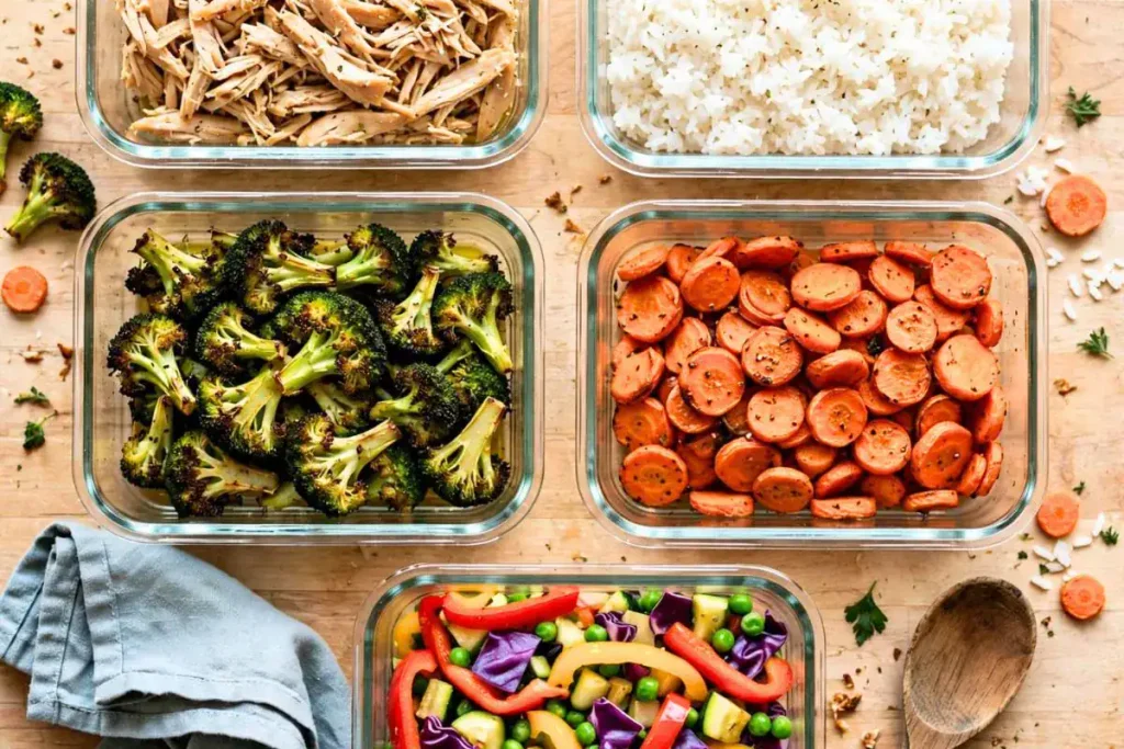 Cooked chicken, rice, and vegetables prepared in separate containers for easy meals.