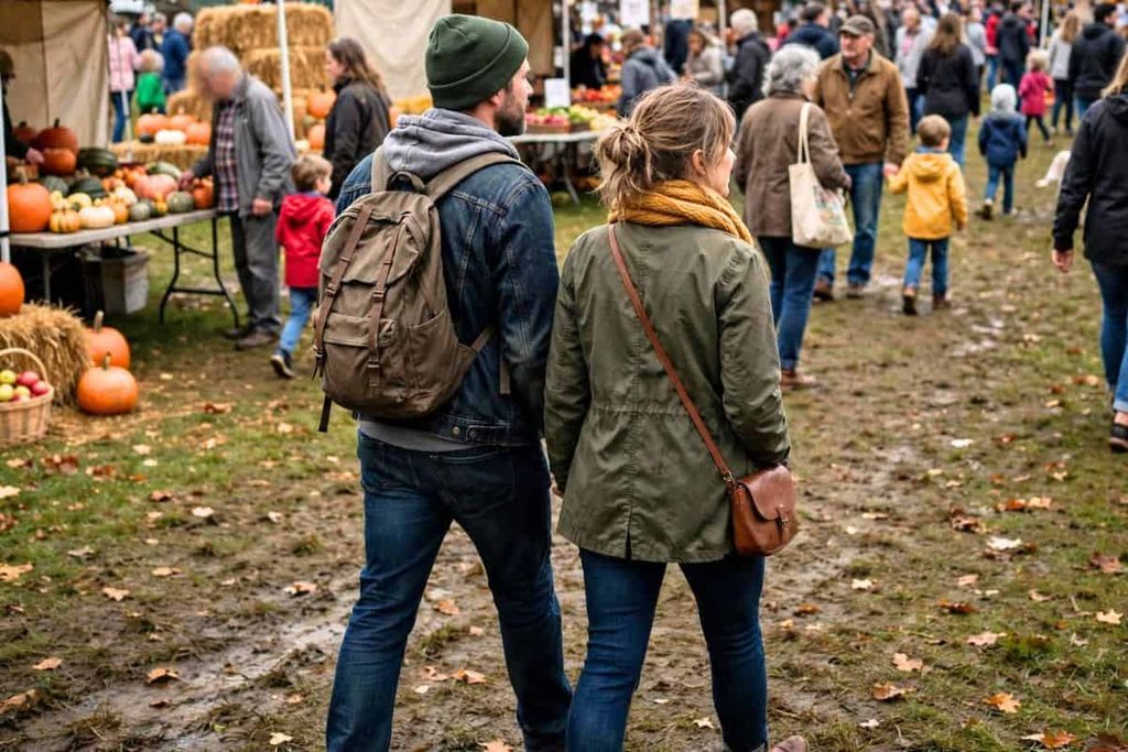 Couple walking together through a festive outdoor fall festival.