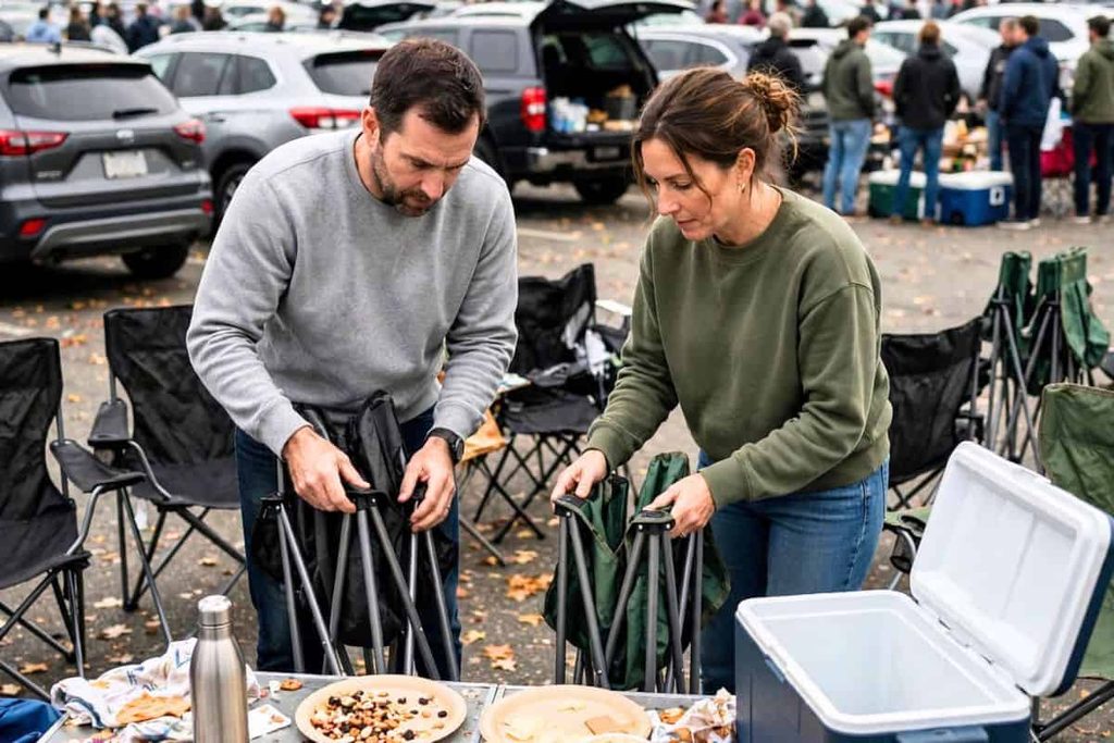 Couple enjoying snacks together at an outdoor fall football tailgate.