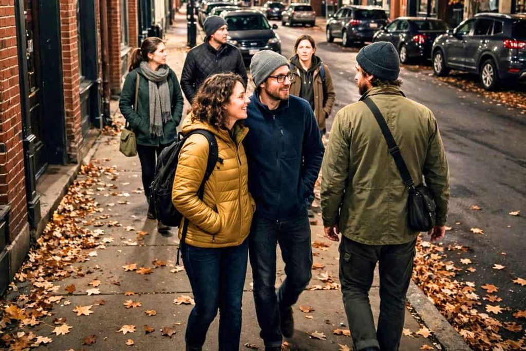 Couple taking an evening ghost tour through a historic town in fall.