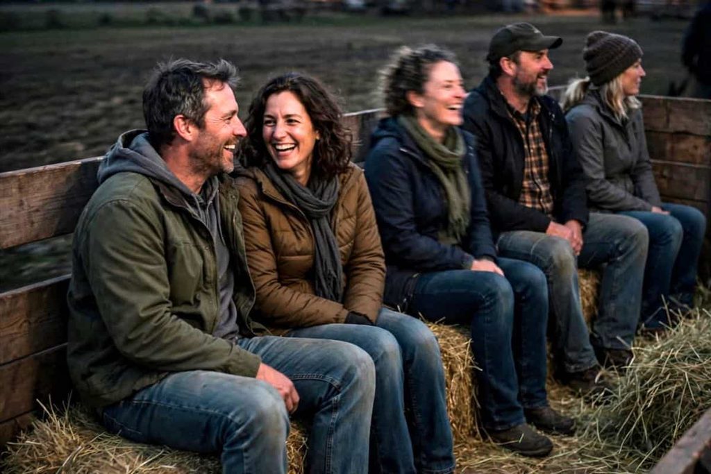 Couple riding together on a cozy haunted hayride during fall.