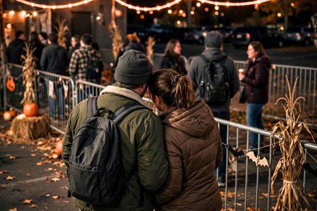 Couple visiting a spooky haunted house attraction for a Halloween date.