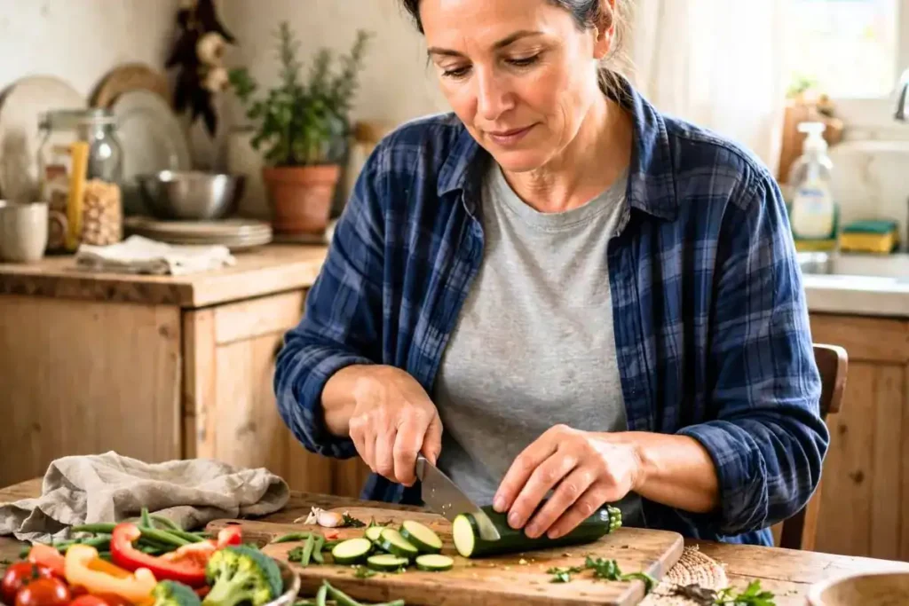 Woman sitting at a kitchen table preparing vegetables to reduce time spent standing.