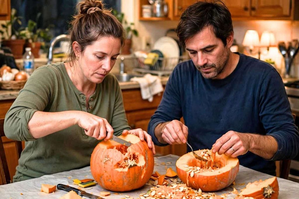 Couple carving pumpkins together for a cozy fall date night.
