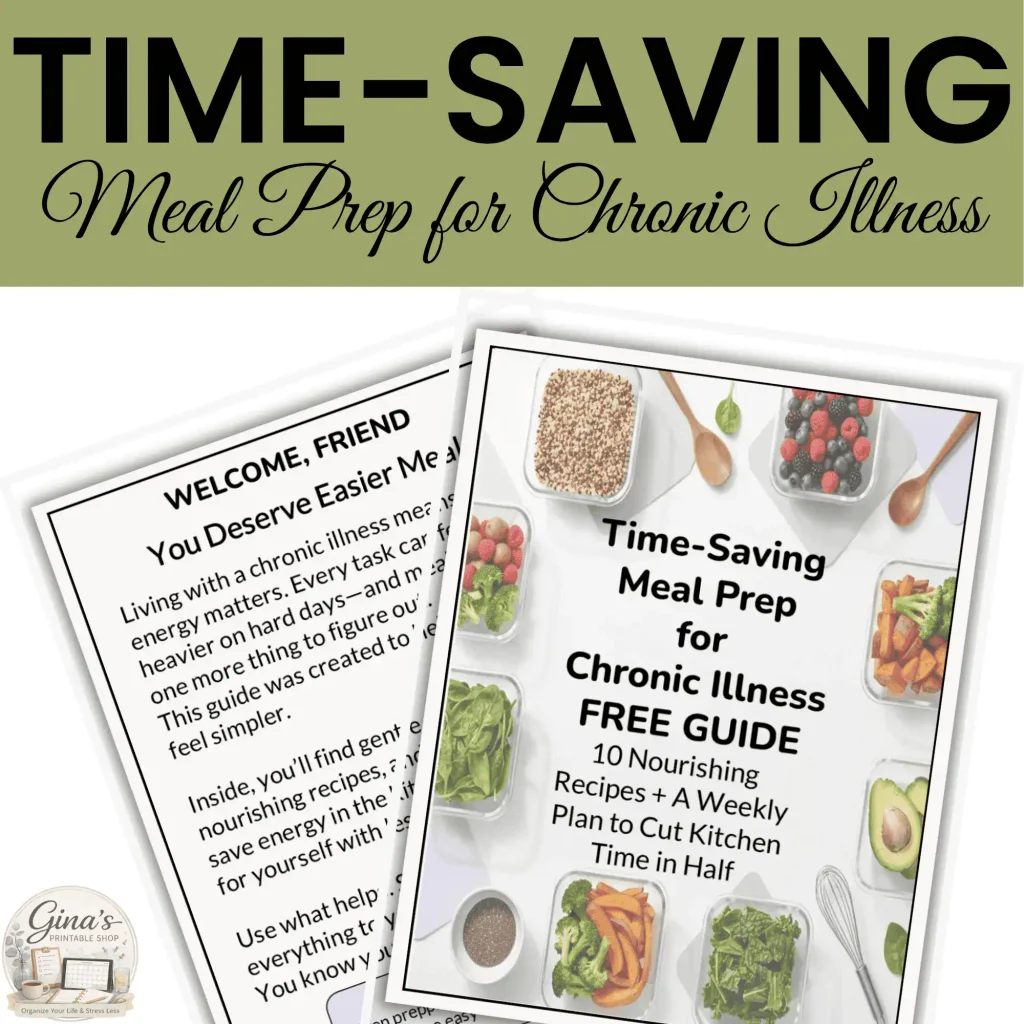 Mockup of the Time-Saving Meal Prep for Chronic Illness guide featuring 10 recipes and a weekly meal plan.