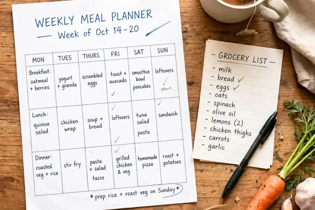 Weekly meal planner and grocery list on a kitchen table with fresh vegetables.