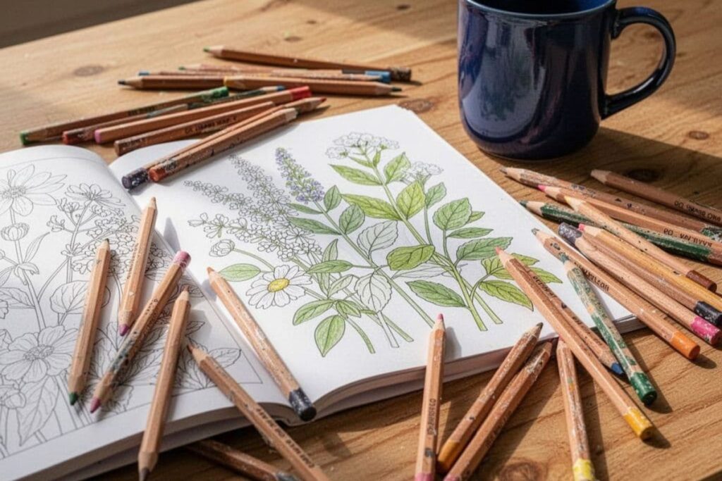 Adult coloring book and colored pencils for a relaxing hobby