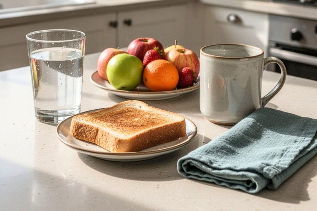Simple breakfast and water as a reminder to take care of basic needs
