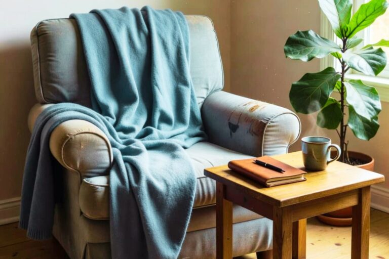 Cozy chair and journal representing ways to cope when feeling stressed and depressed