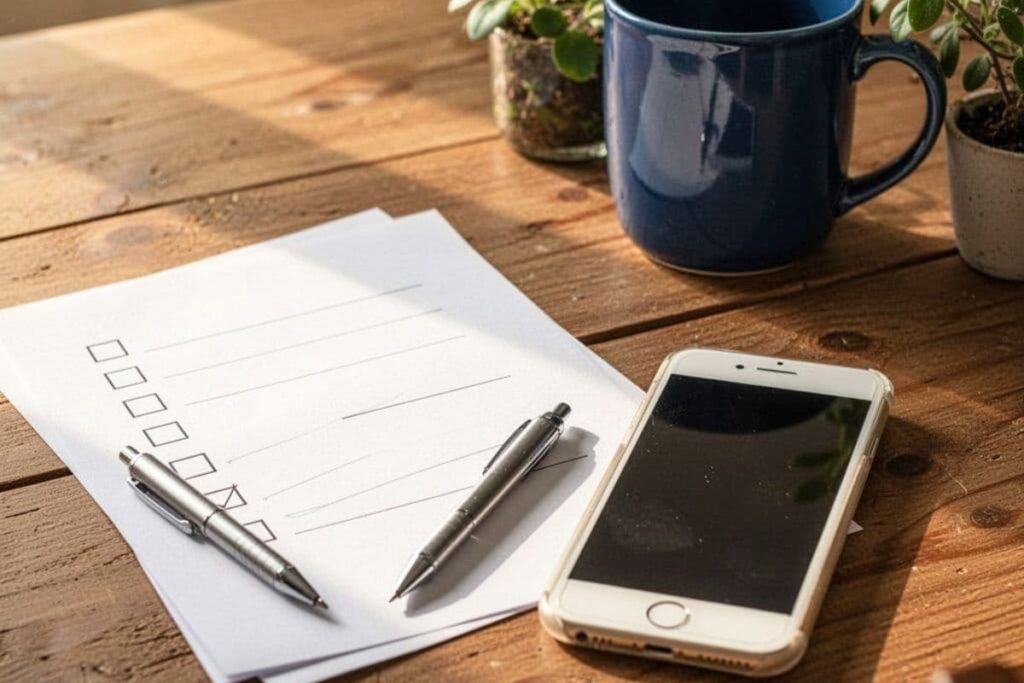 Simple to-do list and phone put away to help reduce mental overload