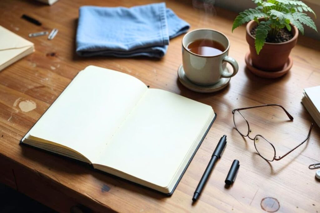 Journal and quiet workspace representing signs of feeling stressed and depressed