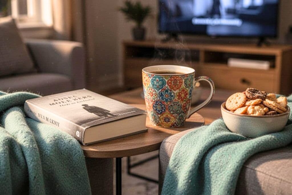 Book and coffee representing simple things to look forward to
